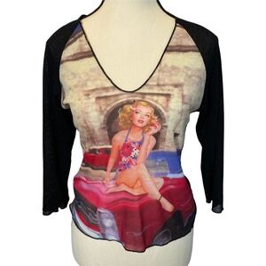 CUE Vintage Pin Up Girl Sheer 3/4 Sleeve Top Women's Large Graphic Print Shirt